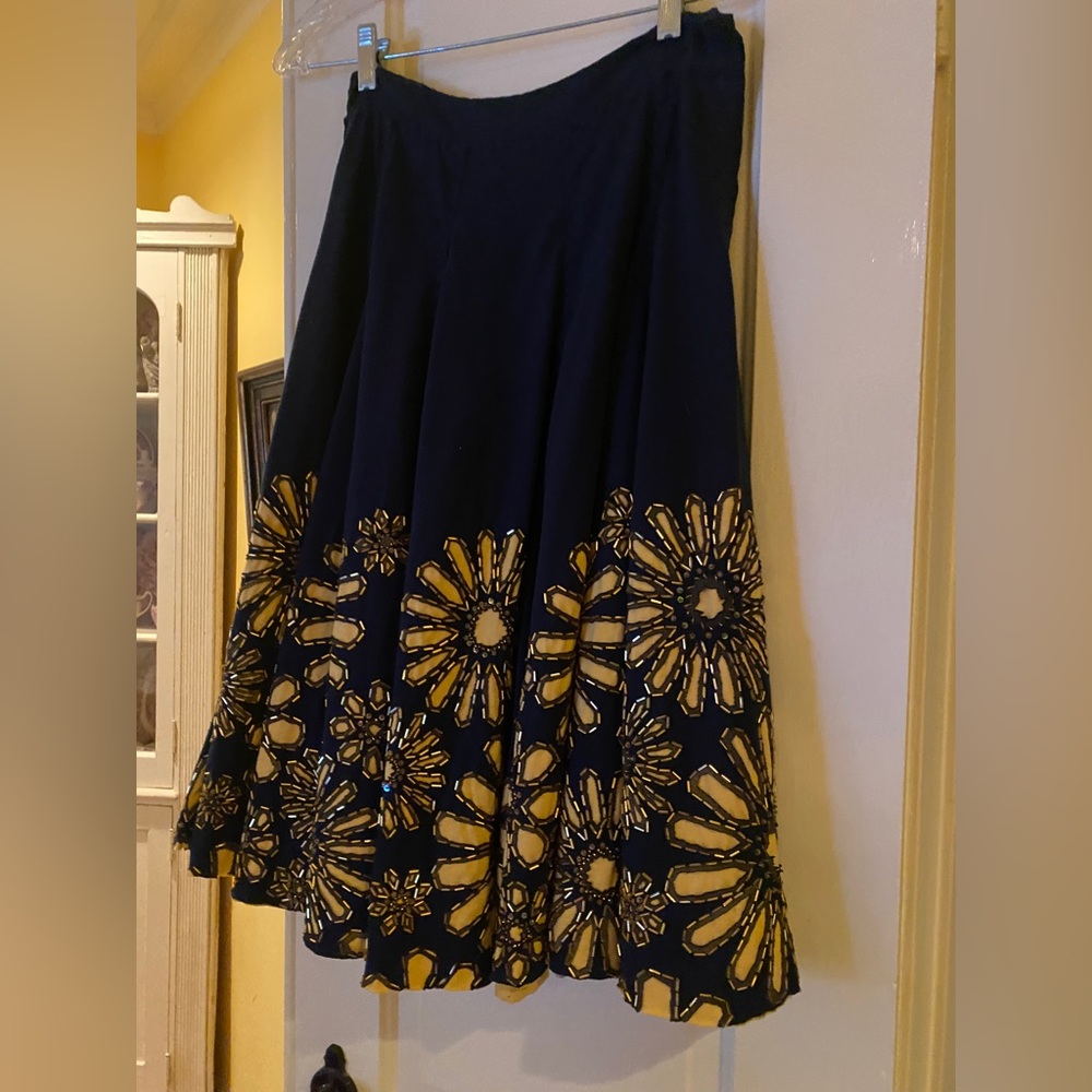 Barney’s Project Alabama navy  blue skirt. Almost like folk art.